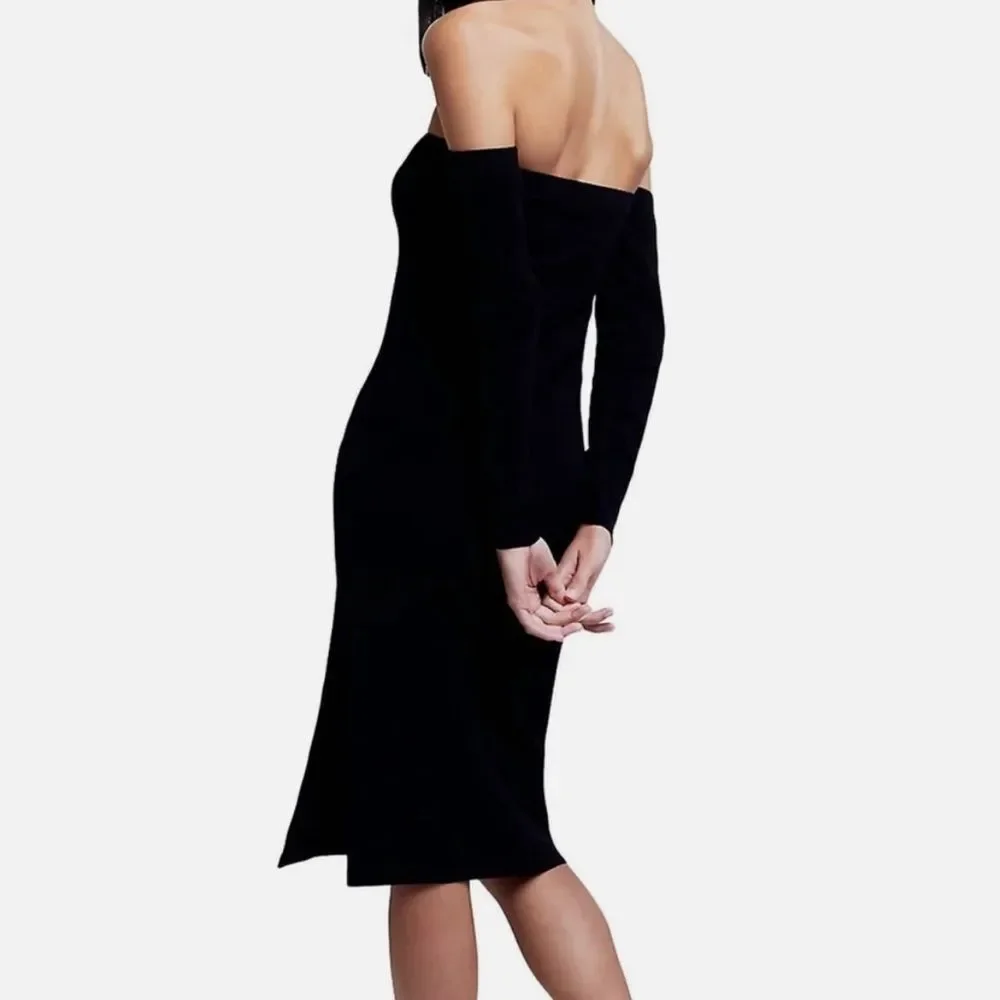 L’Agence Felicia Black Knit Off The Shoulder Fitted Bodycon Dress Size XXS